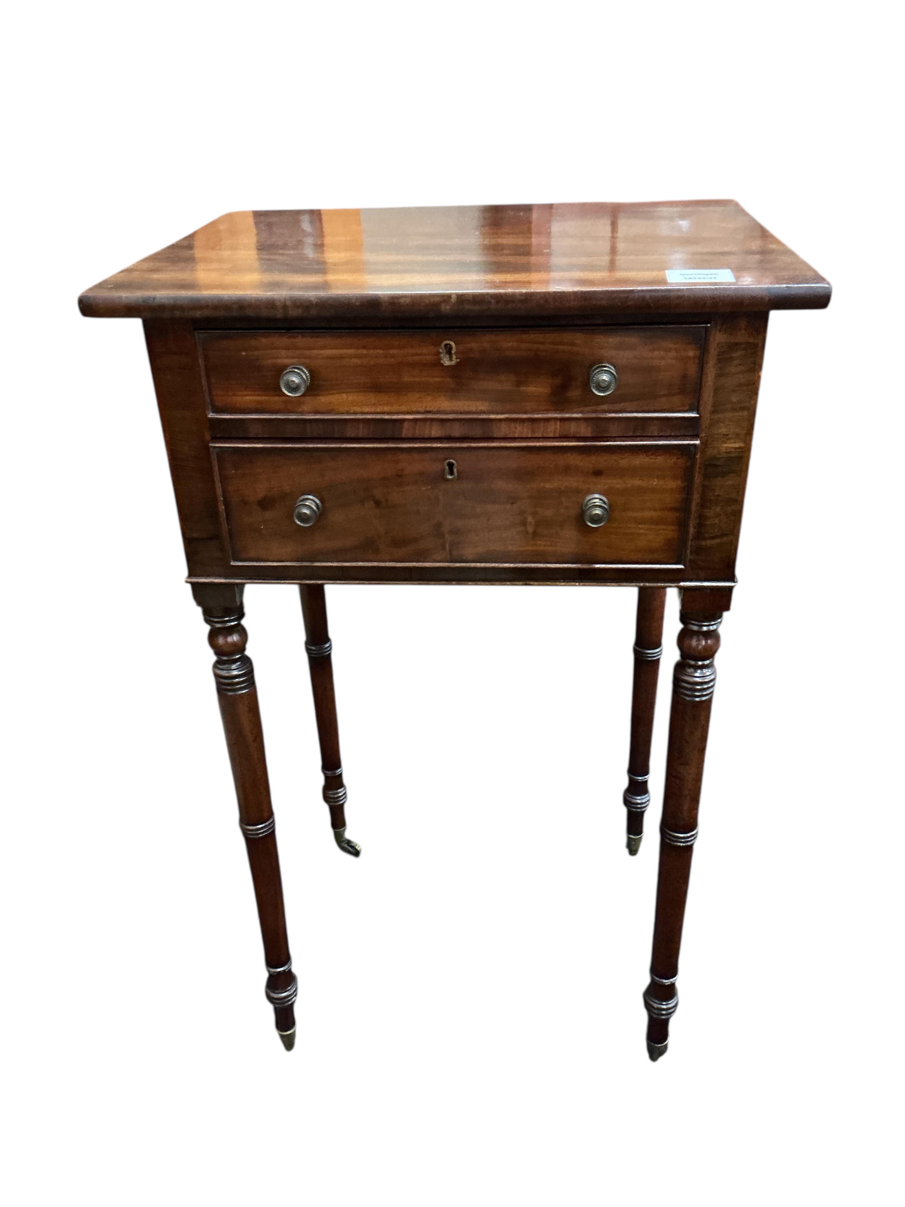 A Regency mahogany two drawer work table, width 47cm, depth 36cm, height 78cm
